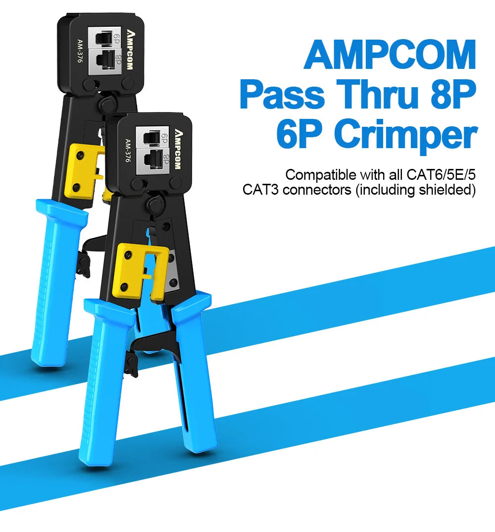 AMPCOM RJ45 Crimp Tool Pass Through Cat5 Cat5e Cat6 Crimper Cutter Stripper for RJ45 RJ12 RJ11 8P 6P End Pass Through connector
