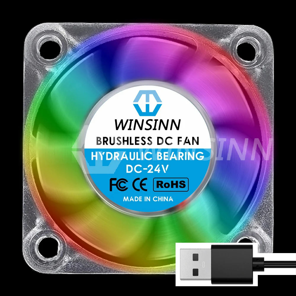 WINSINN 25mm 30mm 40mm RGB Fan USB Color Led DC 5V 12V 24V 2510 3010 4010 Hydraulic Bearing Brushless Cooling 2PIN