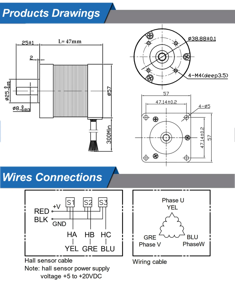 JK57BLS01 DC36V 4000rpm 46W 0.11N.m 2A Brushless DC Motor With Hall-sensor 3-phase Brushless BLDC Motor with Driver BLD70 BLD300