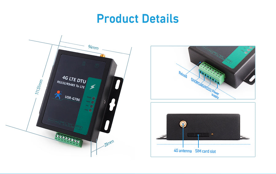 PUSR Industrial RS485 RS232 CAT4 Serial to 4G LTE Cellular Modem WiFi Global Frequency Modbus RTU to TCP USR-G786-G