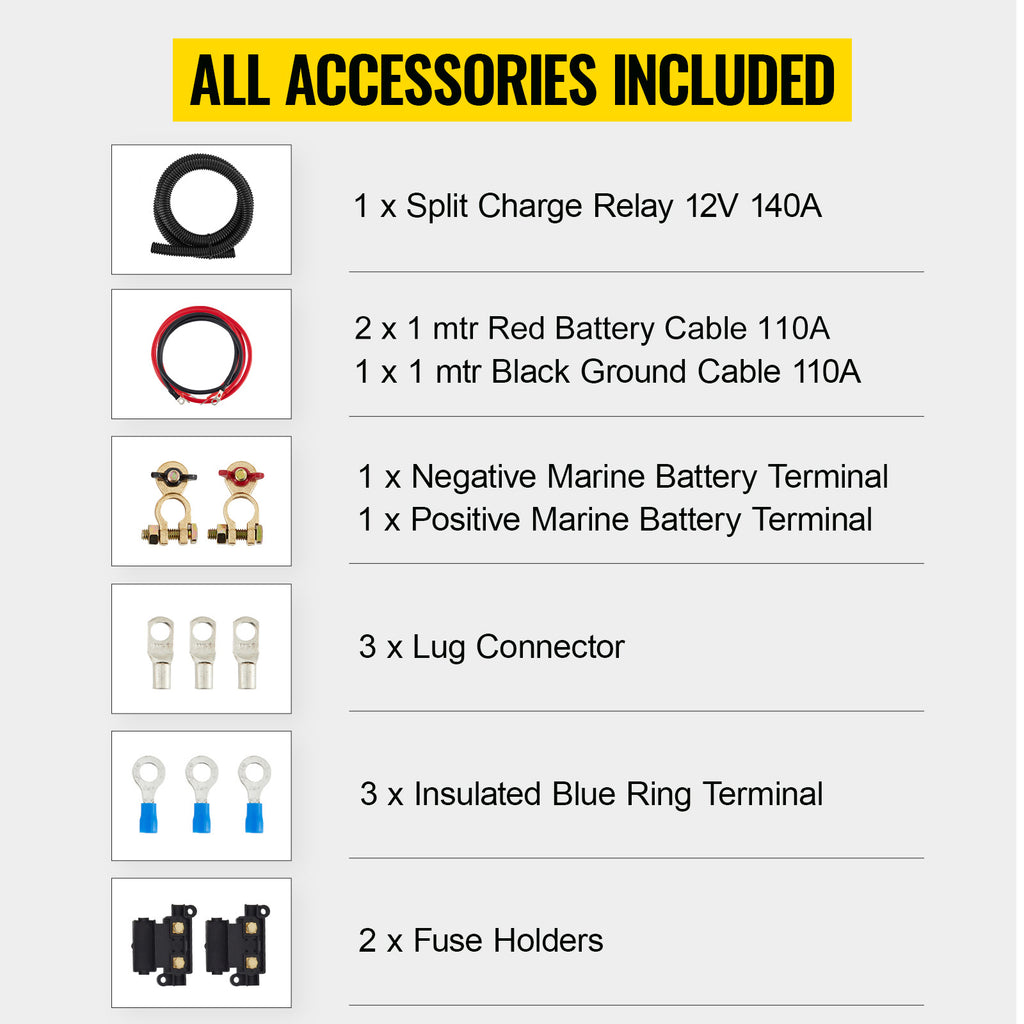 SucceBuy Split Charge Relay Kit Voltage Sense Relay Professional 12V 140AMP 2/4/5/6 mtr Battery Cable for ATVs UTVs RVs Camping